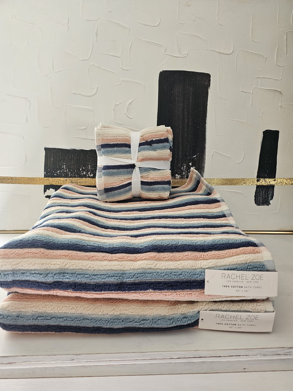 Rachel Zoe Striped Cotton Bath Towels - Blue, Pink, Cream Pastel 6 Pc Set